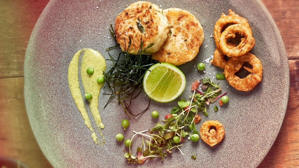 Fish Cakes with Onion Bhajas, a Micro Herb Salad  and Pea Cream – - Recipe