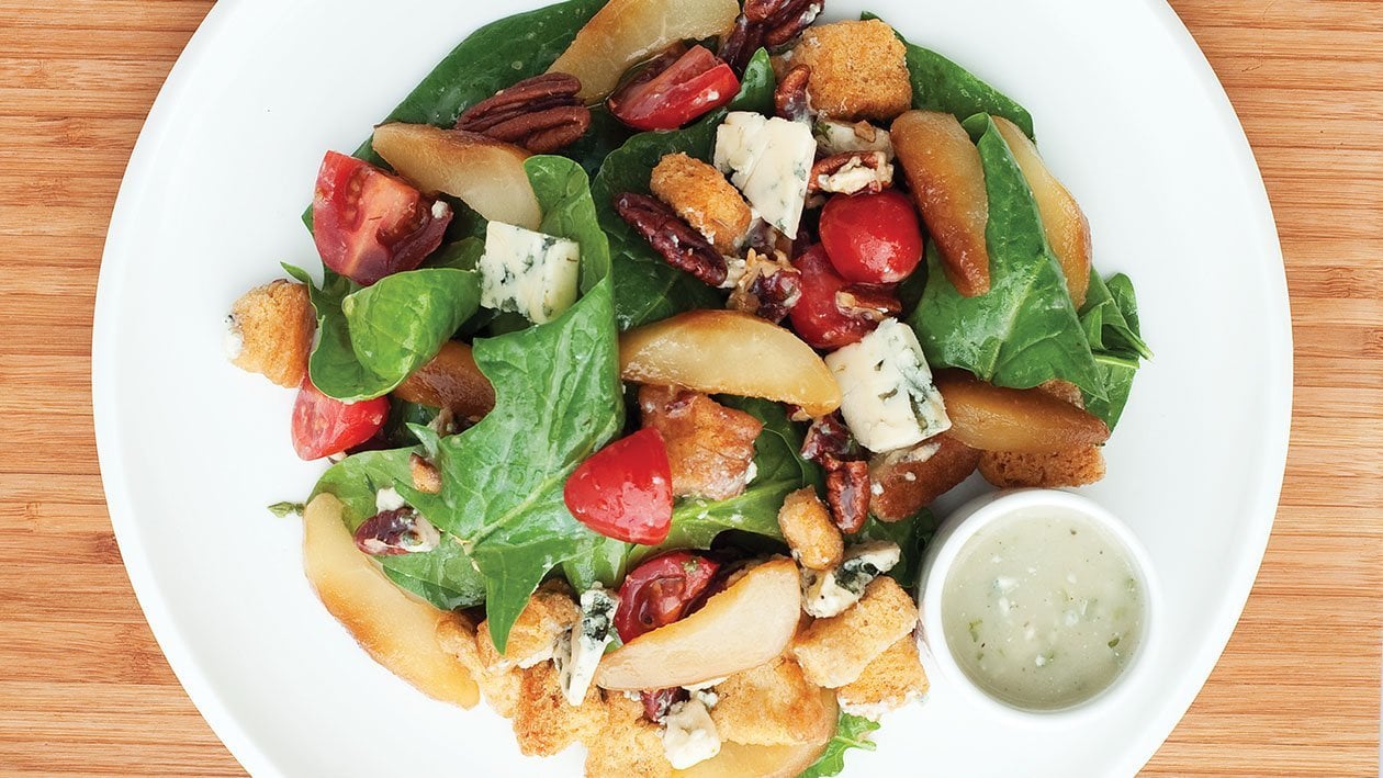 Spinach, Pecan Nut, Roasted Pear Salad with Blue Cheese Dressing – - Recipe