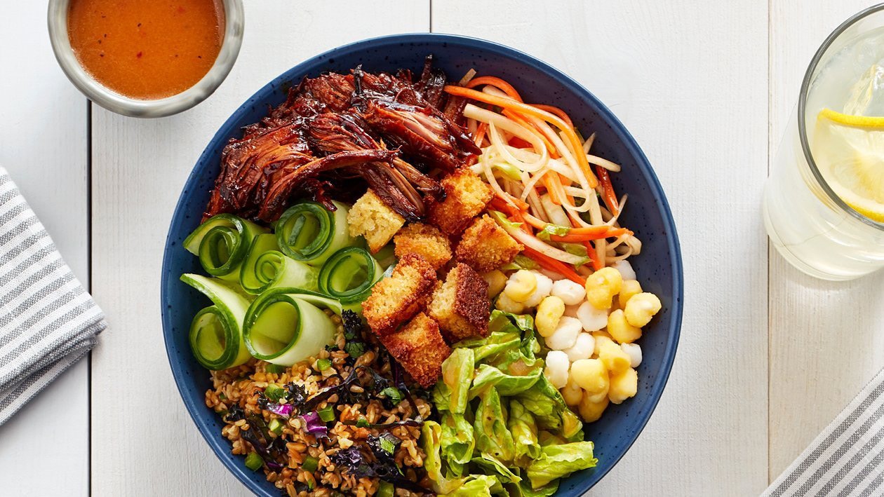 Thai BBQ Pulled Pork Bowl with Bulgar Wheat, Kimchi Slaw and Croutons – - Recipe