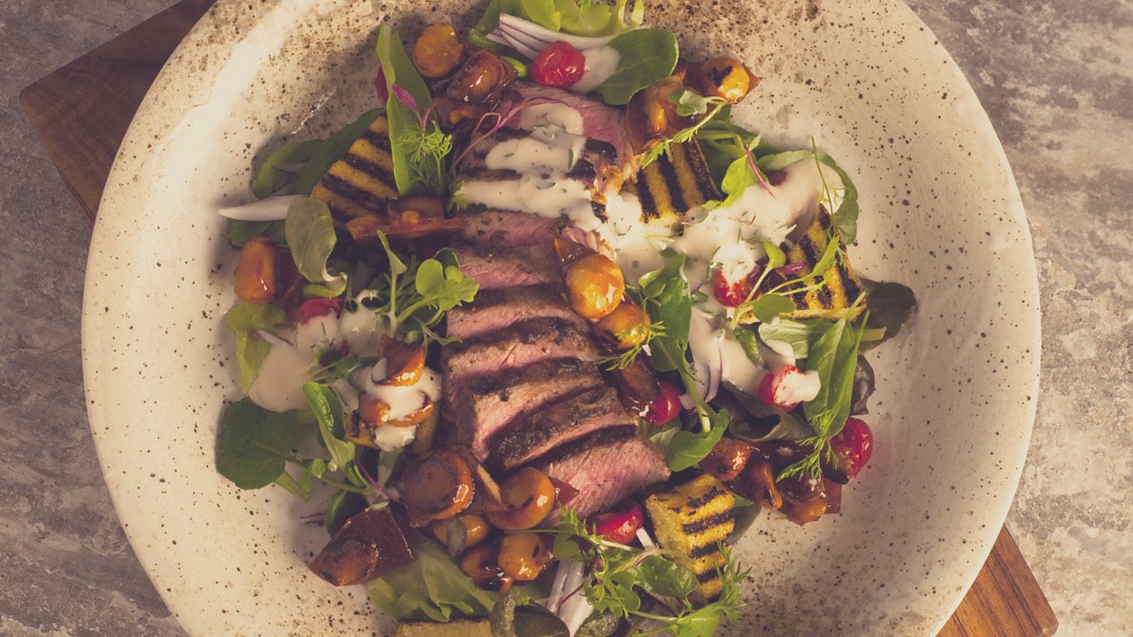 Seared Sirloin with Seasonal Leaves and Caramelised Macadamia Nuts with a Thyme and Lime Dressing – - Recipe