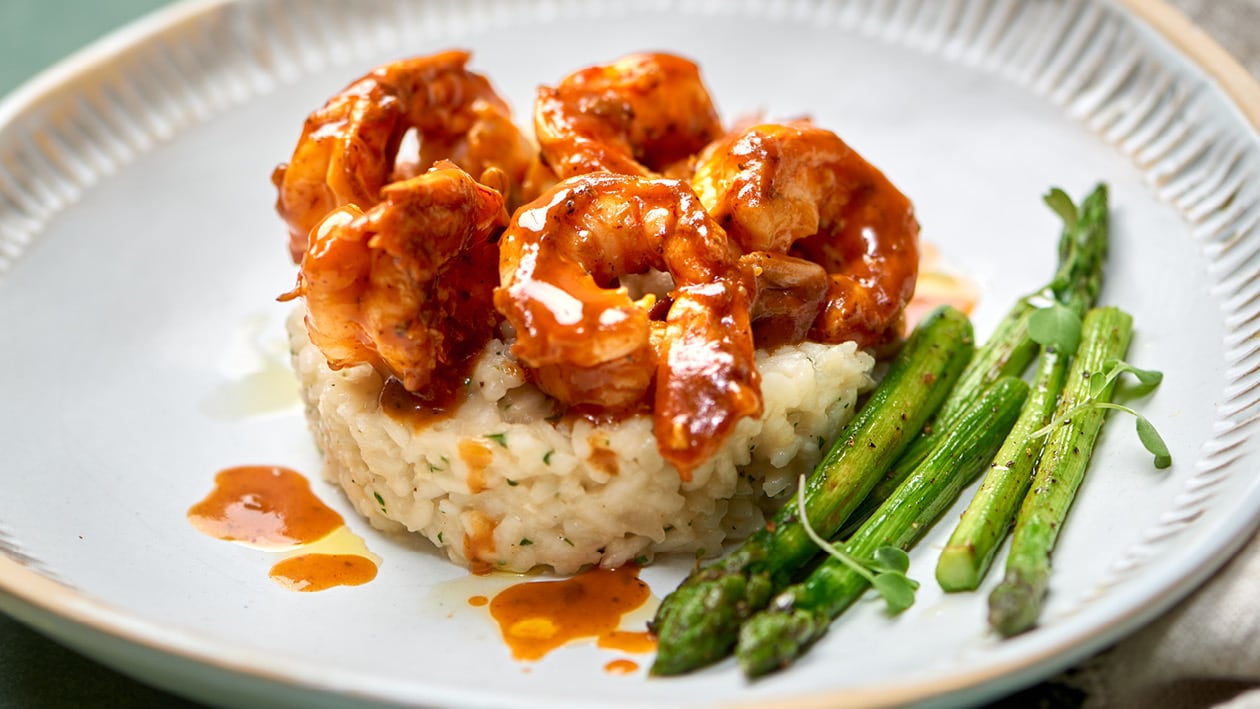 Prego-Smothered Prawns with Parmesan Risotto and Grilled Asparagus ...